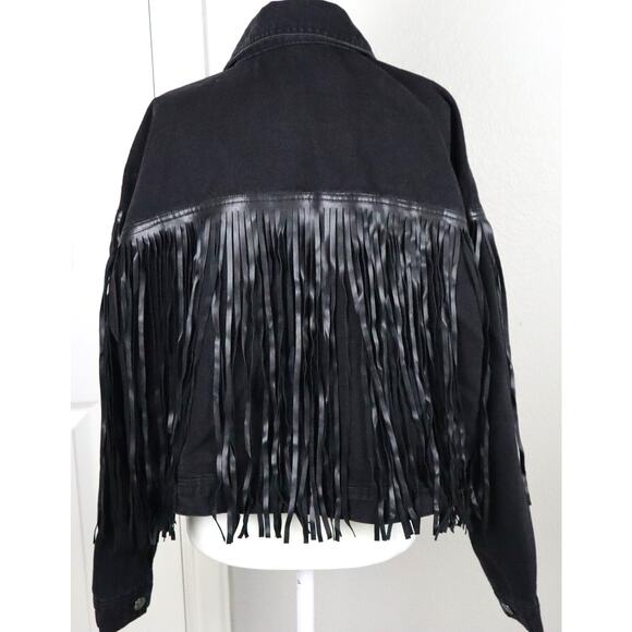 Black Denim Jacket Faux Leather Fringe Western Boho Oversized OX XL Short COTTON - Picture 4 of 10